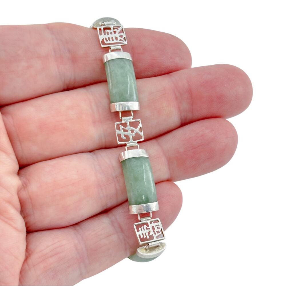 Vintage Sterling Silver 925 Green Jadeite Chinese Characters Bracelet 7.25 inch